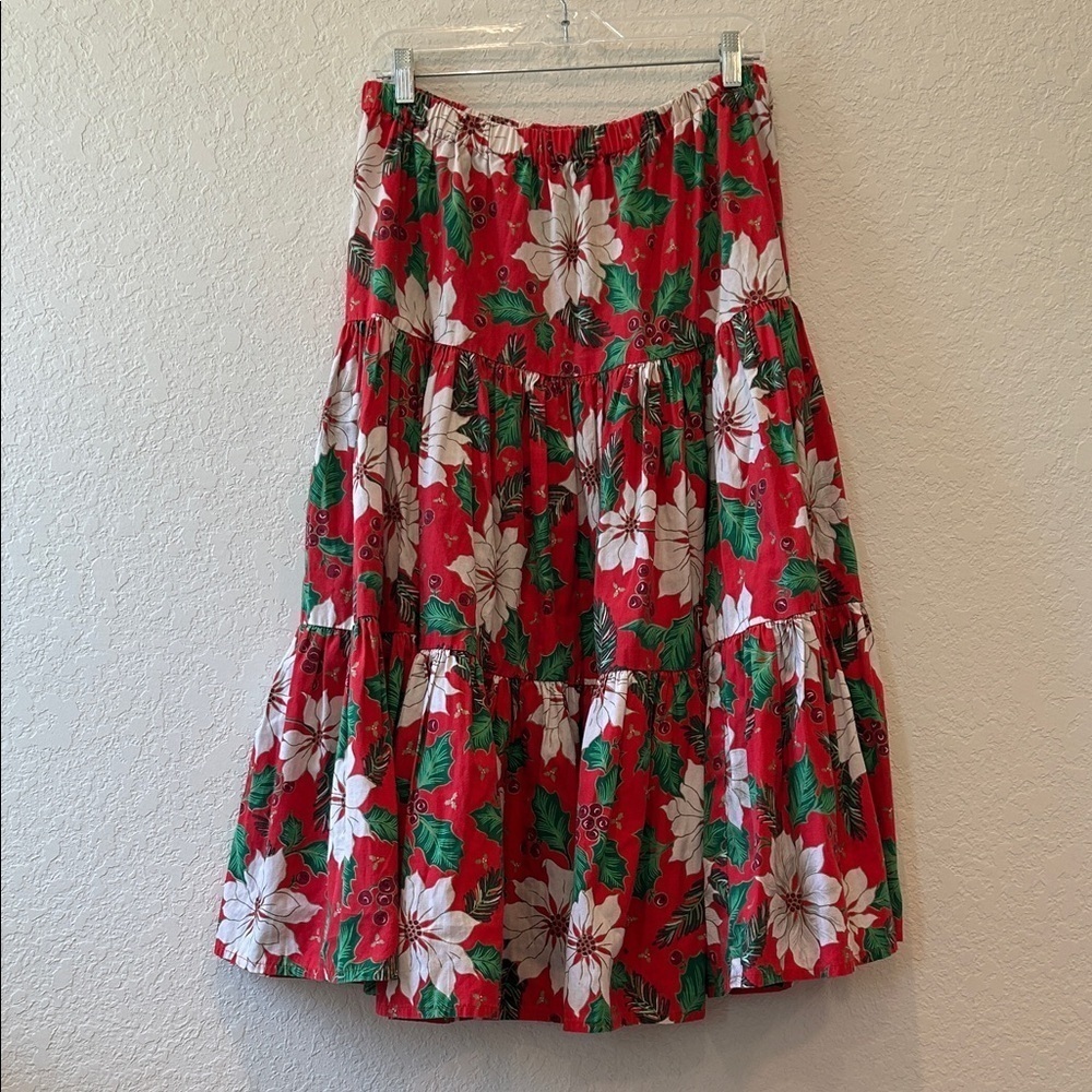 Handmade One of a Kind Tiered Skirt with a Poinsettia and Holly Print